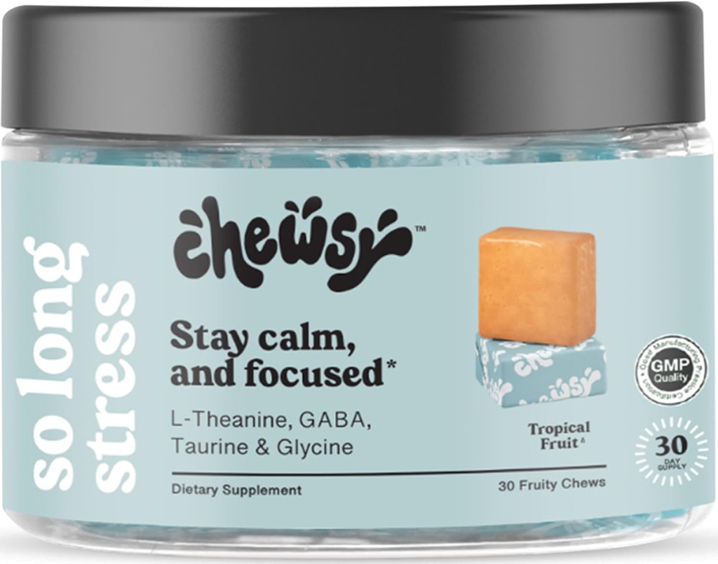 Chewsy So Long Stress, Rolig Fruity Chews, Stay rolig & fokuseret. w / L- theanin, Aminosyre, GABA, Glycin, Tyrosin, Taurine & Magnesium. Non- GMO og gluten- fri. Tropiske frugter tygger, 30-dages forsyning