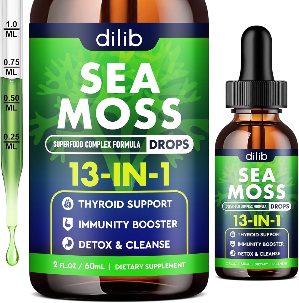 Irish Sea Moss Liquid Drops: 13 i 1 med Black Seed Oil, Ashwagandha, Tumerisk, Multimineral, C-vitamin, E, støtte til Gut Heath Energy Skin immunforsvar & hår til kvinder og mænd, 2 Fl Oz, Vegan
