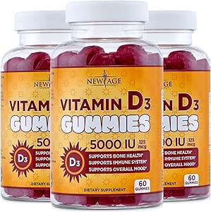 NEW AGE D3 5000 IE 125mcg Gummies - Support Immunsupport, Stærk Knoglesundhed - Non- GMO, Gluten- Free, Dairy- Free, No Gelatine (180 Gummies (Pack of 3))