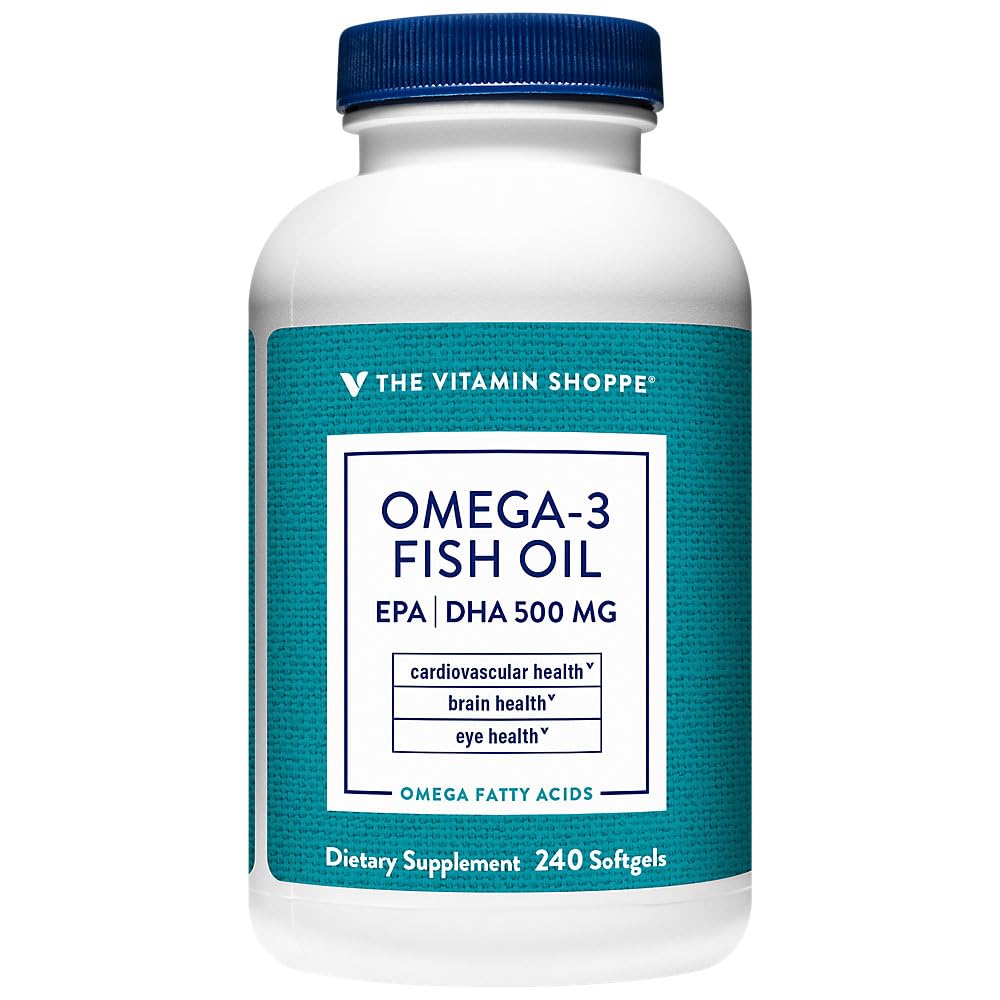 Den Vitamin Shoppe Omega 3 Fish Oil, EPA & DHA 500mg, Renhed Assured, Molekulært Destilleret til at støtte hjerte-kar, fælles og hjerne sundhed 1000mg (240 Softgels)
