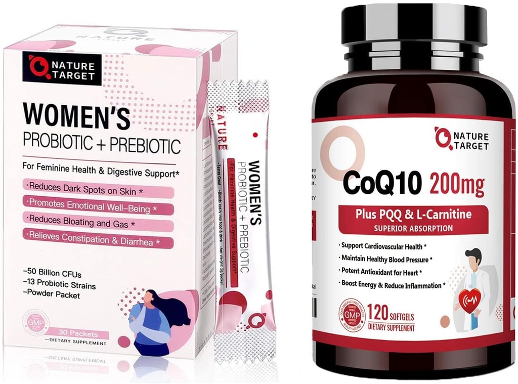 NATUR TARGET Probiotika Pulver supplement til kvinder & CoQ10- 200mg med PQQ L- Carnitin & Omega- 3s Høj Absorption