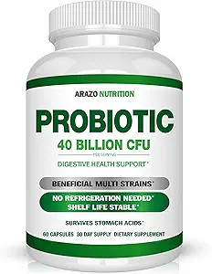 Arazo Nutrition Probiotic 40 Millioner CFU - Hylde Stabil med Prebiotika og Acidophilus - Stabil potens indtil Exspiration - Time Delay Release Probiotika
