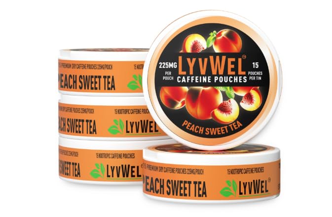 LyvWel 225mg Caffeine Pouches, Guarana-Powered Energy Pouches, Nootropic Pouches, Nicotine Free Pouches & Tobacco-Free, Peach Sweet Tea- 5-Pack, 70 Pouches