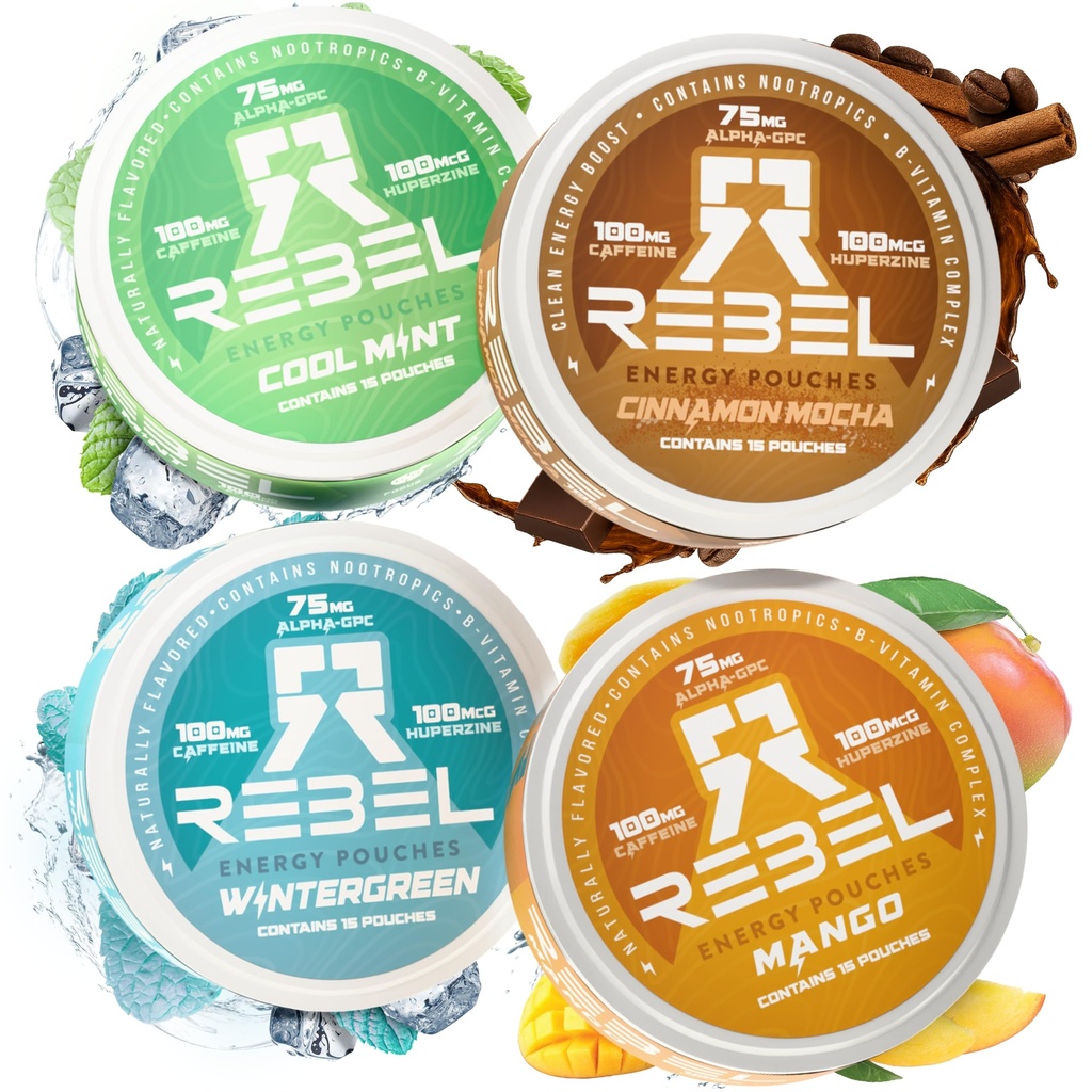 Rebel Nootropic Energy Caffeine Pouches (Variety 4-Pack) • 100mg Caffeine • Alpha GPC • Huperzine A & Essential Vitamins • Sugar-Free • Coconut Fiber Technology •15 Pouches Per Can (Pack of 4)