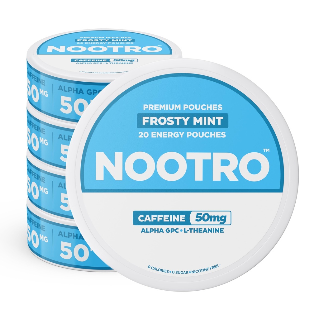 Nootro Caffeine Nootropic Pouches (Frosty Mint) - Energy Pouches with 50mg Caffeine, 50mg Alpha GPC, 50mg L-Theanine with No Sugar and no Calories - 20 Pouches Per Can - 5 Pack