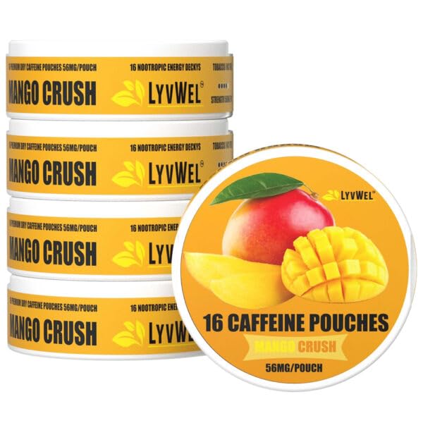 LyvWel 56mg Caffeine Energy Pouches – Mango Crush – Clean Energy & Focus Boost with Guarana – 5-Pack with 16 Pouches Per Can (80 Total Pouches)