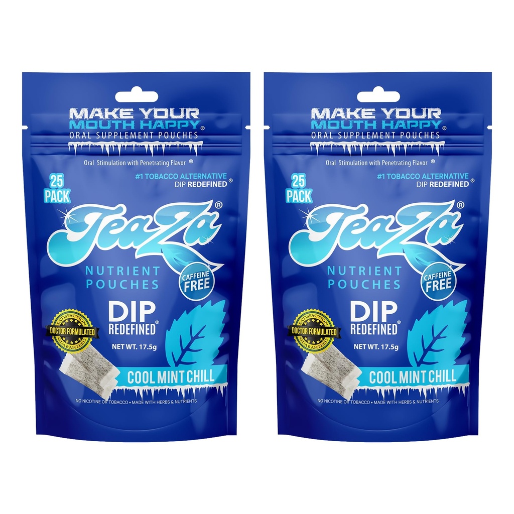 TeaZa Herbal Energy Pouches Nicotine Free Dip, Alternative Snuff and Healthy Dip Pouches, Cool Mint Chill (2 Pack) Tobacco Free Chew Premium Crisp Minty Flavor