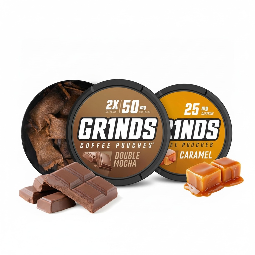 GRINDS Coffee Pouches Bundle: Double Mocha (100mg Caffeine) & Caramel (25mg Caffeine) - Energy Boost