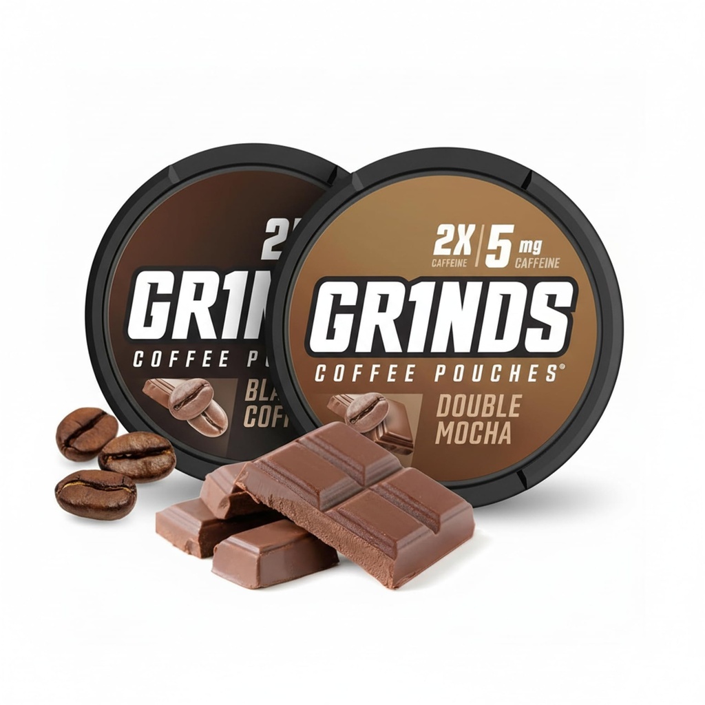 Grinds Coffee Pouches Variety Pack: Black Coffee (25mg Caffeine) & Double Mocha (50mg Caffeine) – Energy Boost