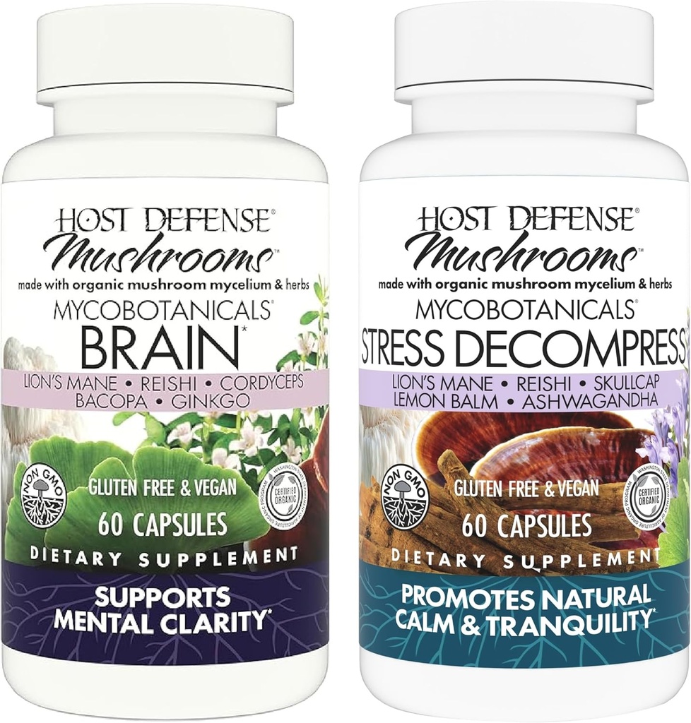 Host Defense Bundle med MycoBotanicals Brain * Kapsler, 60 Count & MycoBotanicals Stress Decompress * Kapsler, 60 Count - Support Memory & Focus - Support Afslapning *