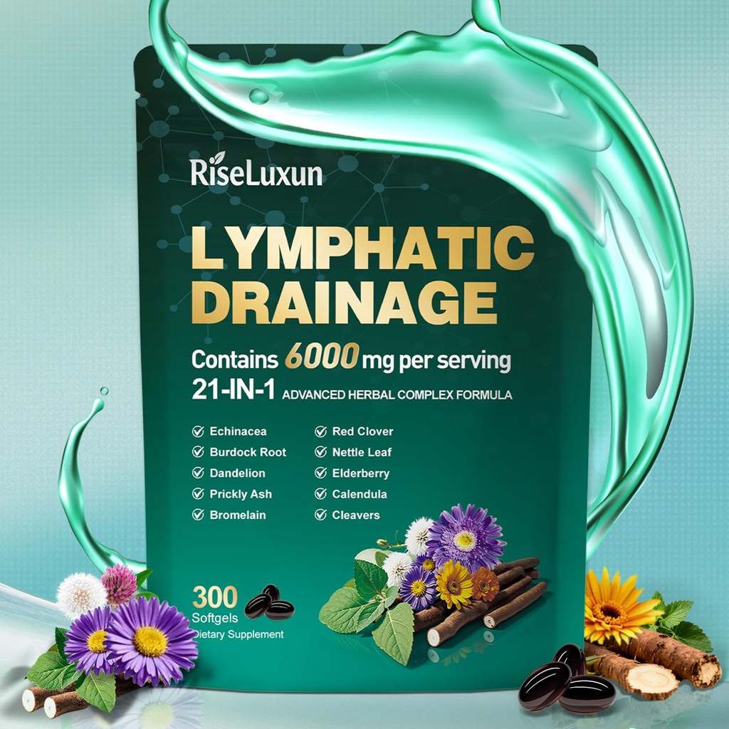 21-in-1 Liposomal Lymphatic Drainage Supplements, 100 Day Supply, 6000mg Lymph System Support for Women & Men with Echinacea, Dandelion, Burdock, Bromelain, Calendula, Turmeric & More, 300 Softgels