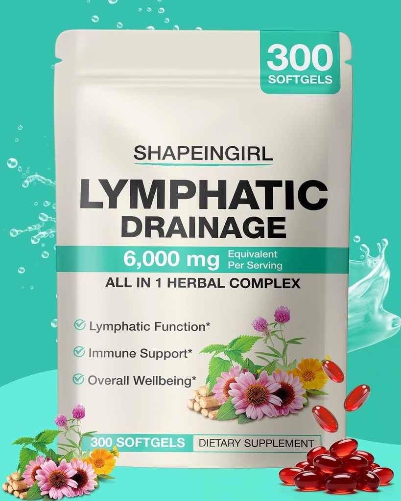 Lymphatic Drainage Supplement Softgels with Dandelion, Burdock & Echinacea, Supports Fluid Balance, Immune Health & Daily Wellness, Herbal Supplement, Easy-to-Swallow, 300 Softgels