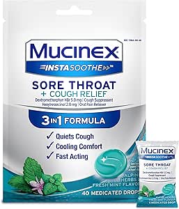 Mucinex InstaSoothe Sore Throat + Hough Relief Alpine Urter & Mint Flavor, Fast fungerende, Cooling Comfort, Kraftfuld Sore Throat Oral Pain Reliever, 40 Medicated Drops