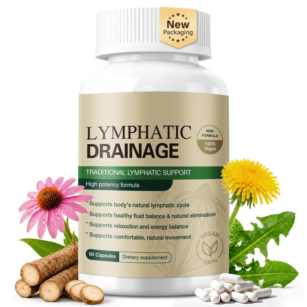 Lymphatic Drainage Supplements for Fluid Balance & Immune Health - Herbal Supplement with Echinacea, Cleavers & Dandelion, Lymph System Support & Daily Detox, Vegan 90 Capsules