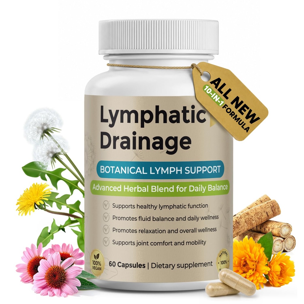 Lymphatic Drainage Supplements – Lymph System Support with Cleavers, Bromelain, Red Root, Dandelion & Echinacea for Fluid Balance, Puffy Mornings & Daily Lymphatic Wellness, 60 Capsules