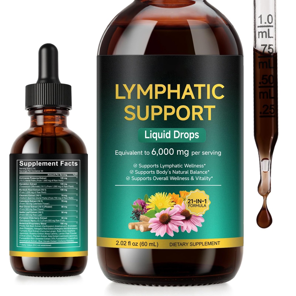 Lymphatic Drainage Drops, 21-in-1 6000mg High Potency Immune & Lymph System Support Supplement for Women & Men,Lymph System Drops - Immune Support, Cleanse & Detox