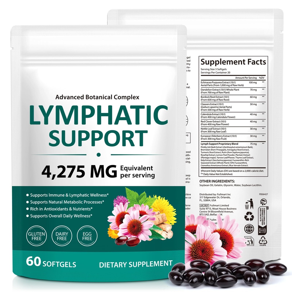 Lymphatic Drainage Supplements 60 Softgels, Contain Dandelion, Burdock Root, Turmeric, Supports Overall Daily Wellness for Men Women