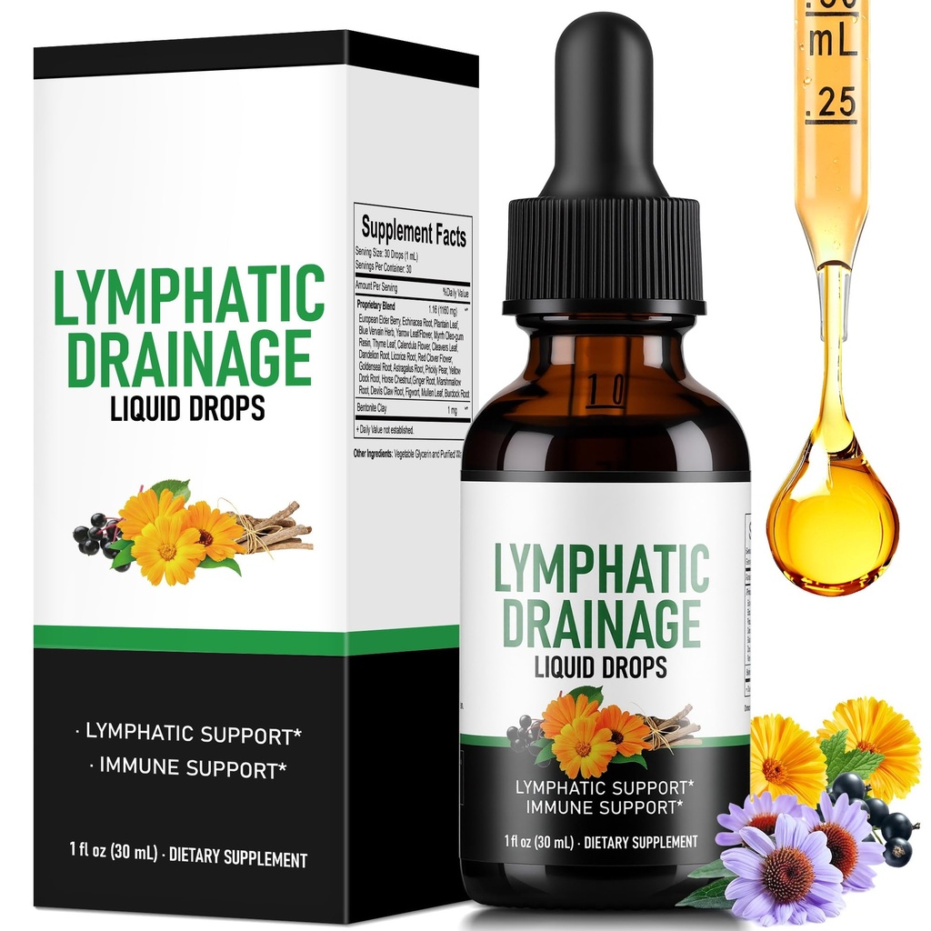 Lymphatic Drainage Drops - Herbal Lymph System Cleanse & Immune Support - Liquid with Echinacea, Elderberry, Ginger & Burdock Root - Vegan, Alcohol-Free, 1oz