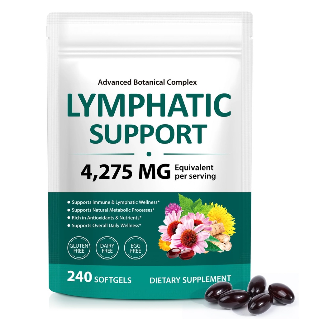 Lymphatic Drainage Supplements, Herbal Lymph System Support Supplement for Women & Men with Dandelion, Burdock, Echinacea, Turmeric, Bromelain, Fluid Balance & Immune Health, 240 Softgels