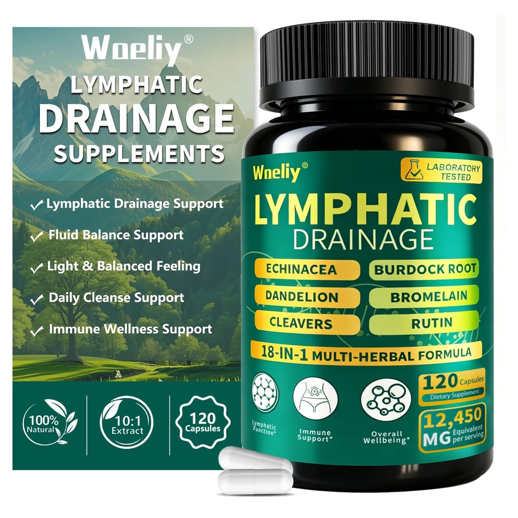 Lymphatic Drainage Supplements, 18-in-1 Herbal Blend with Echinacea, Cleavers, Dandelion, Burdock Root & Rutin, Lymphatic Support for Women & Men, 120 Capsules