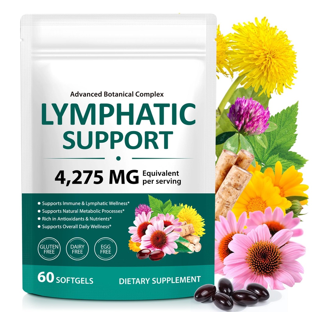 Lymphatic Drainage Supplements, 4275mg Herbal Blend for Immune and Fluid Health for Men Women,with Dandelion, Burdock Root, Echinacea, Turmeric, 60 Softgels for Lymph System Balance