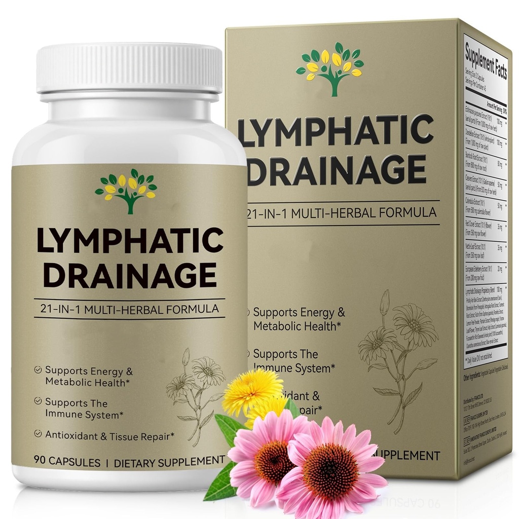 Lymphatic Drainage Supplements Capsules, 21-in-1 Liposome Lymph System & Immune Support, 10:1 Concentrated Echinacea, Dandelion, Burdock, Bromelain, Calendula, 90 Capsules