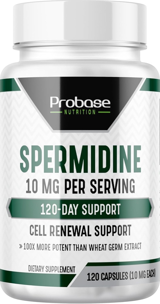 Probase Nutrition Spermidin (10mg af 99% Spermidine 3HCL - Tredjeparts testet) 120 Kapsler - 100x mere potent end hvede Germ ekstrakt, Telomere sundhed og aging 120- Day Supply - så effektiv som NMN