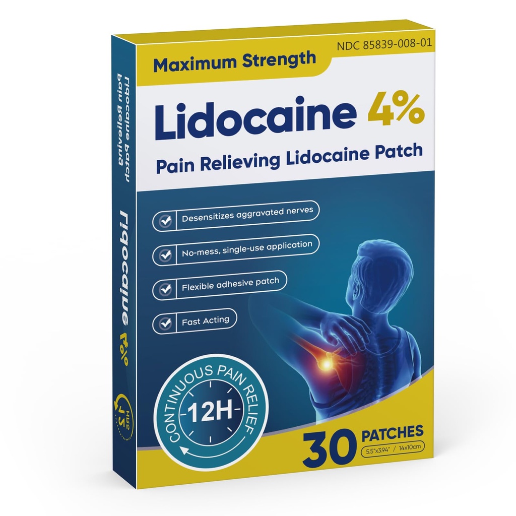 4% Lidocaine Pain Relief Patches – Maximum OTC Strength, Fast-Acting Targeted Relief, for Muscle & Joint Discomfort M0516-30 Count