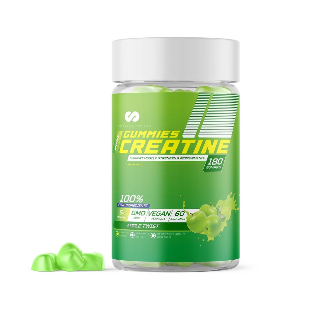Limitless Pharma Pure Creatine Gummy Candy | 5g Creatine Monohydrate | Muscle, Strength, Endurance & Performance | Low Sugar, GMO Free, Vegan | 60 Servings, 180 Gummies (Apple Twist)