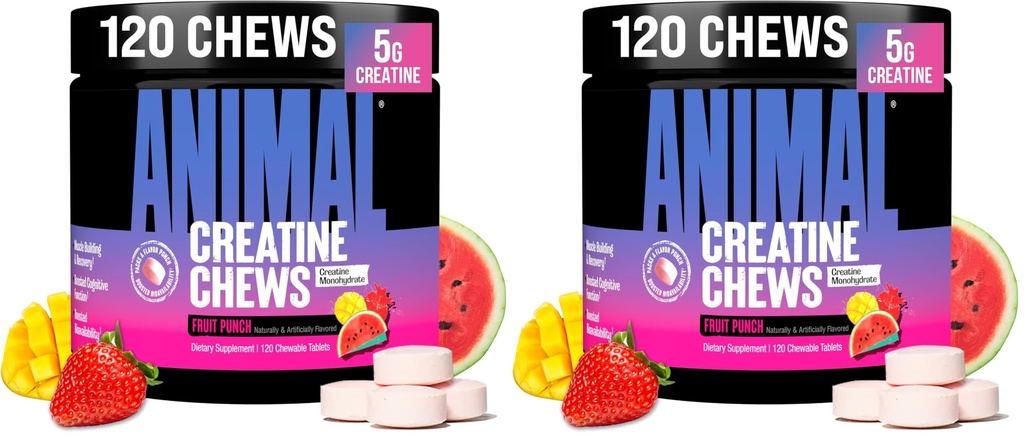 Animal Creatine Chews Tablets - Enhanced Creatine Monohydrate with AstraGin to Improve Absorption, Sea Salt for Added Pumps, Delicious and Convenient Chewable Tablets - Fruit Punch (Pack of 2)