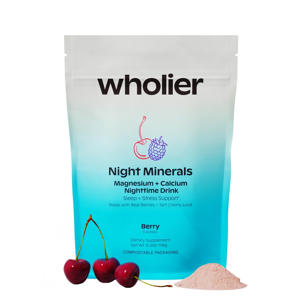 Wholier Magnesium Glycinate, Tart Cherry Juice, Chelated Calcium. Det beroliger aftenens drik. Naturlig støtte til søvn, stress + afslapning. Night Minerals. (30 Tjenester)