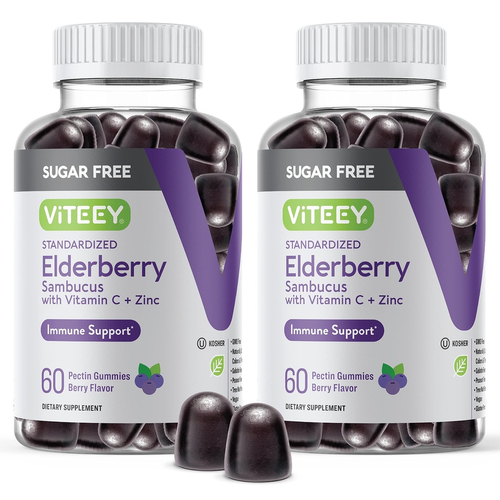 VITEEY Sambucus Elderberry Gummies for adult & Teens + Zink & C-vitamin - Sugar Free - Immunsupport & Booster Herbal Supplement - Vegan, Gluten Free, Gelatine Free, GMO Free, Chewable Berry Flavored