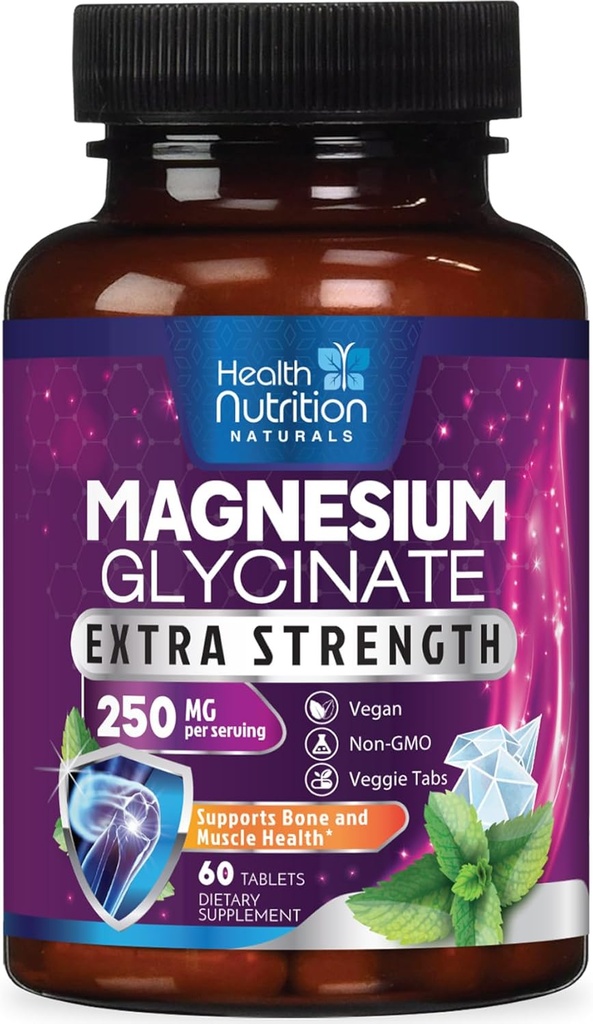 Magnesium Glycinat 250 mg - 100% Chelated Magnesium til Max Absorption - Sleep Support, Muscle, Nerves, Bone & Heart Health Support, Best Mag Supplement, Vegan Non- GMO, 3. part Testet - 60 tabletter