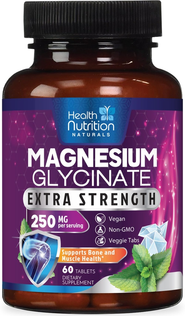 Magnesium Glycinat 250 mg - 100% Chelated Magnesium til Max Absorption - Sleep Support, Muscle, Nerves, Bone & Heart Health Support, Best Mag Supplement, Vegan Non- GMO, 3. part Testet - 60 tabletter