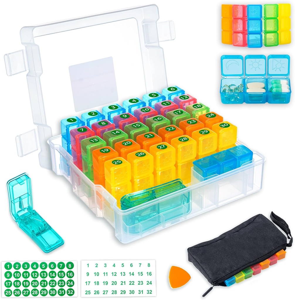 Monthly Pill Organizer 3 Times a Day with 31-Day Moistureproof Box, Weekly Pill Bag, Pill Cutter, Stickers, Plastic Opening Pick for Easy Use, Convenient Daily Medication Management(White)