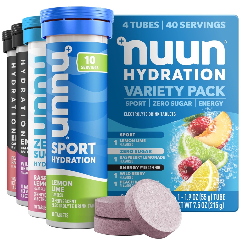 Nuun Energy Caffeine + B Vitamins, Electrolyte Hydration Tablets with Caffeine from Green Tea Extract, Magnesium & 4 Other Electrolytes, Gluten Free, Vegan, Mixed Flavors, 4 Pack (40 Servings Total)