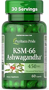 Puritan's Pride KSM-66 Ashwagandha® 450mg, Highly Concentrated Dietary Supplement for Stress Relief, Mood Enhancing, and Memory Support, 1 Month Supply, 60 Capsules