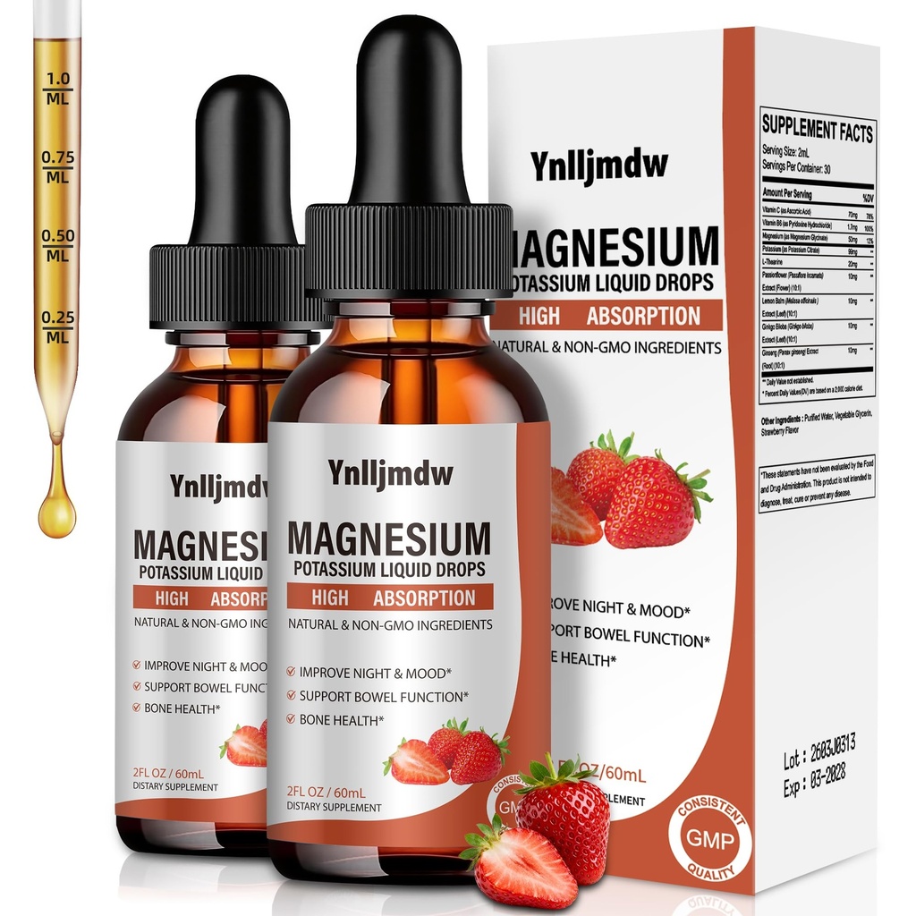 Magnesium Glycinate Liquid Drops, 1000 mg Liquid Magnesium Supplement med bromelain, vitamin B6 C D, høj absorption Magnesiumkompleks til nat, muskel & energistøtte, 2 Fl Oz (pakke med 2)