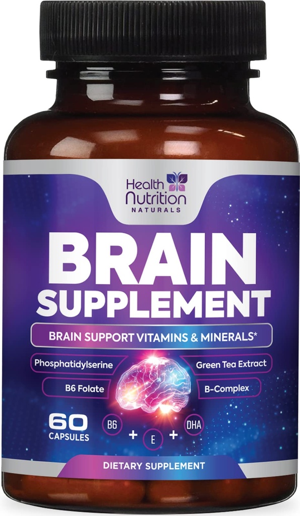 Hjernetilskud til hukommelse og fokus - ekstra styrke Nootrope kapsler til koncentrering, alerthed, kognitiv støtte - Phosphatidylserin, DMAE, Brain Health Vitamin B6 C E Zink - 60 kapsler