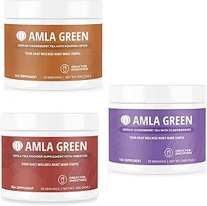 Amla Powder, Green Tea Superfood tillæg med Græskar Spice & Hibiscus & Elderberry, Økologisk, Vegan, 30 Servere