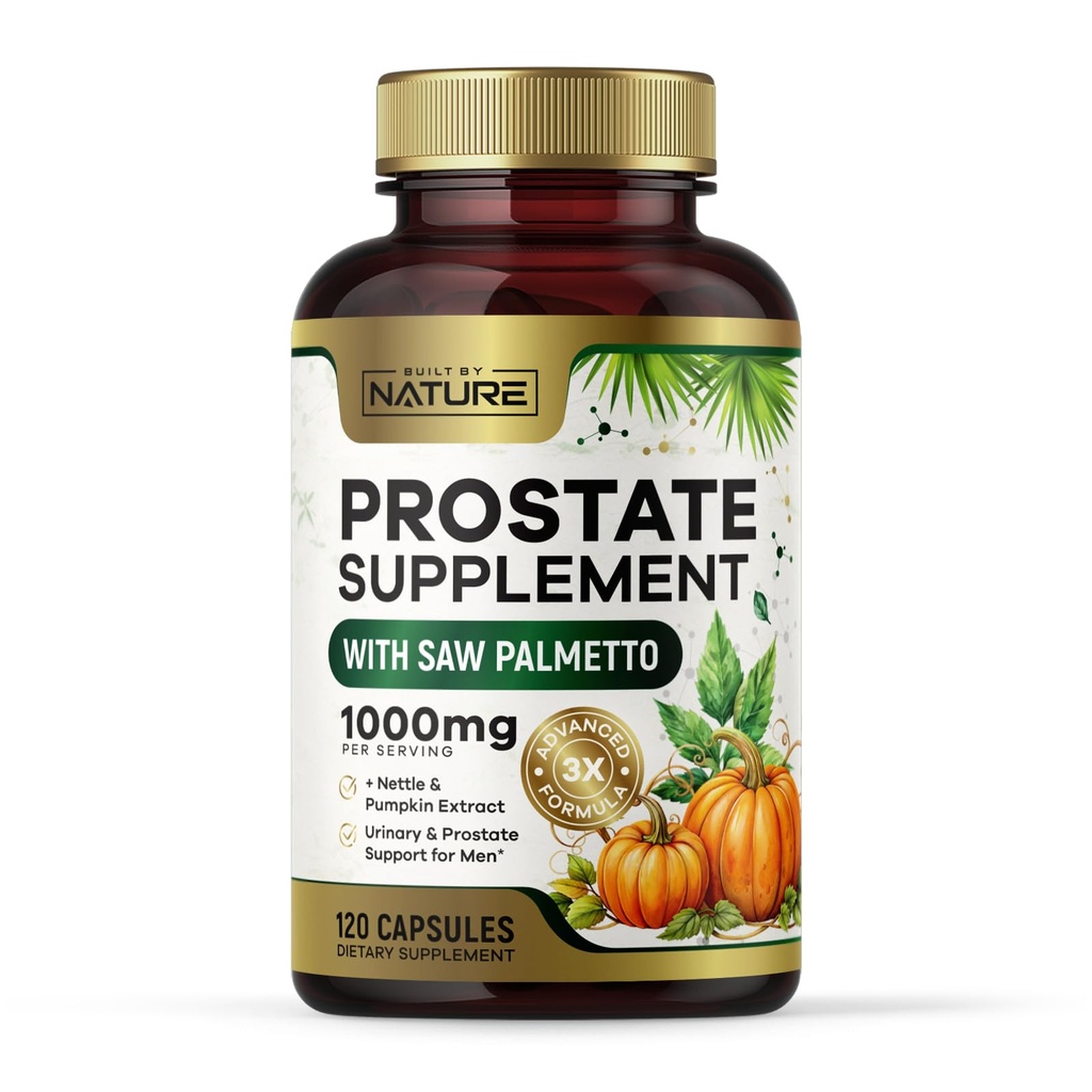 Built by Nature Prostate Supplement with Saw Palmetto - Advanced 3X Formula + Stinging Nettle and Pumpkin Seed Extract – Urinary and Prostate Health Support for Men - 120 Capsules