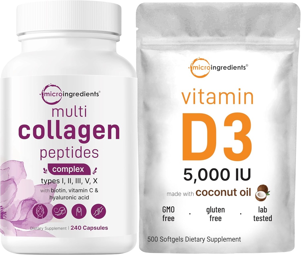 Micro Ingredienser Multi collagen piller & D3- vitamin 5000 IE Bundle Pack- 124; Grass- Fed Collagen Peptider