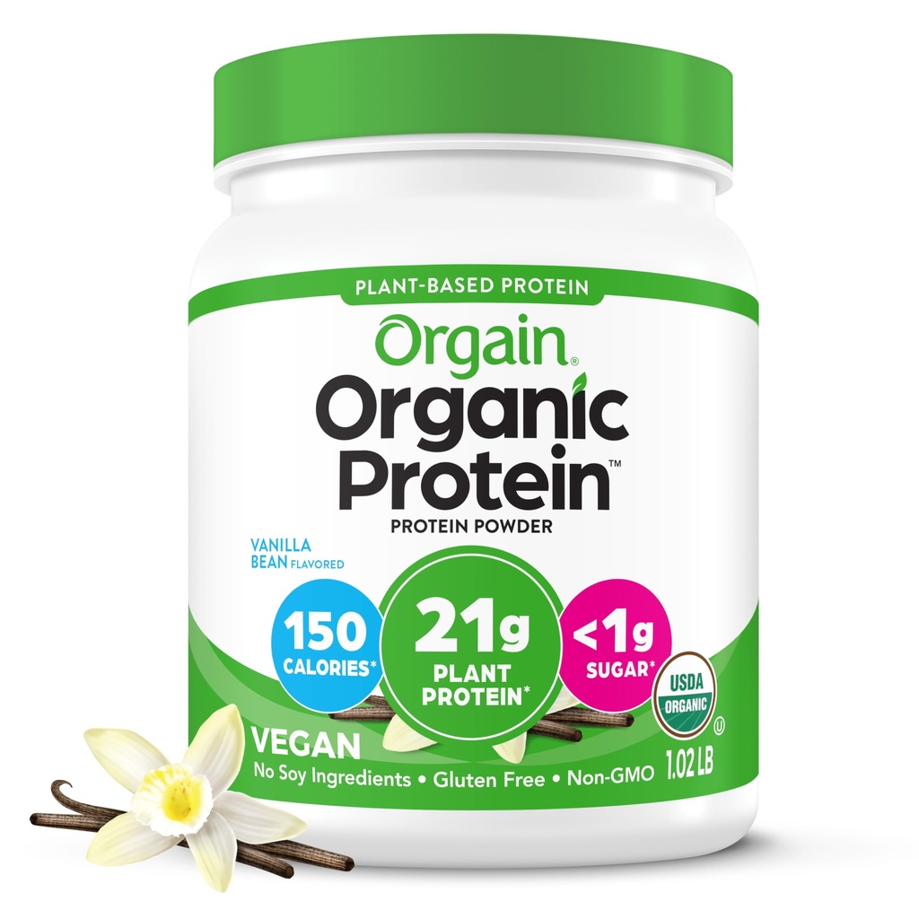 Orgain Organic Vegan Protein Powder, Vanilla Bean - 21g Plant Based Protein, 4g Prebiotic Fiber, No Lactose Ingredients, No Added Sugar, Non-GMO, for Shakes & Smoothies, 1.02 lb (Packaging May Vary)