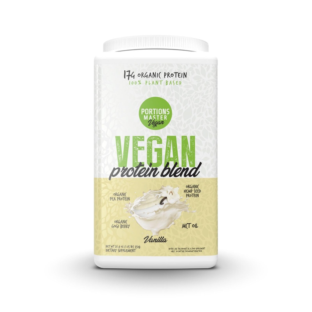 Portions Master Vegan Protein Blend, Complete Plant Based Protein Powder with Pea Hemp Seed Goji Blend Medium Chain Triglycerides (750g, Vanilla)
