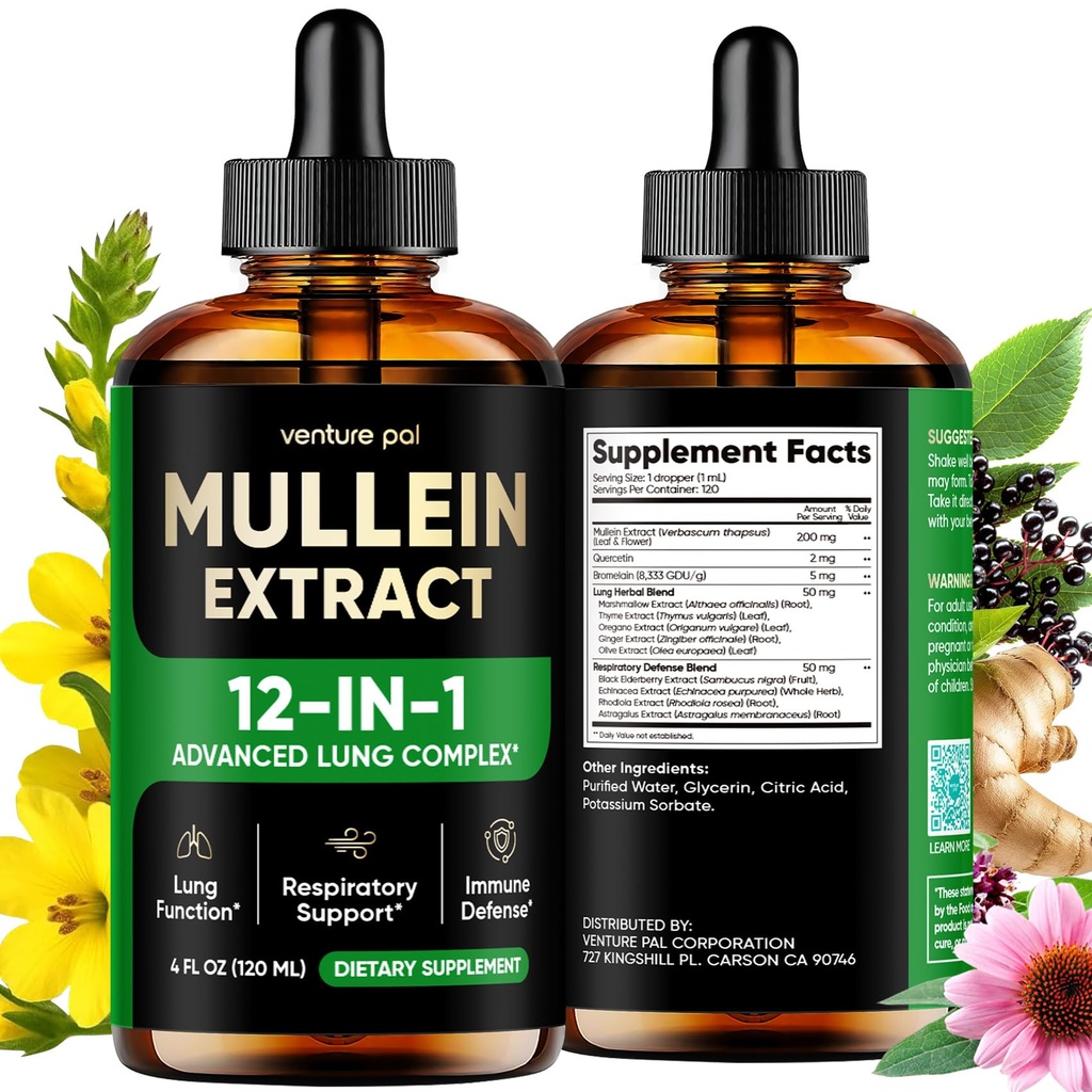 Venture Pal Lung Cleanse Drops, Mullein Extract with Bromelain & Quercetin, Herbal Respiratory Support for Mucus Balance and Daily Breathing Wellness, Alcohol-Free, 4 oz