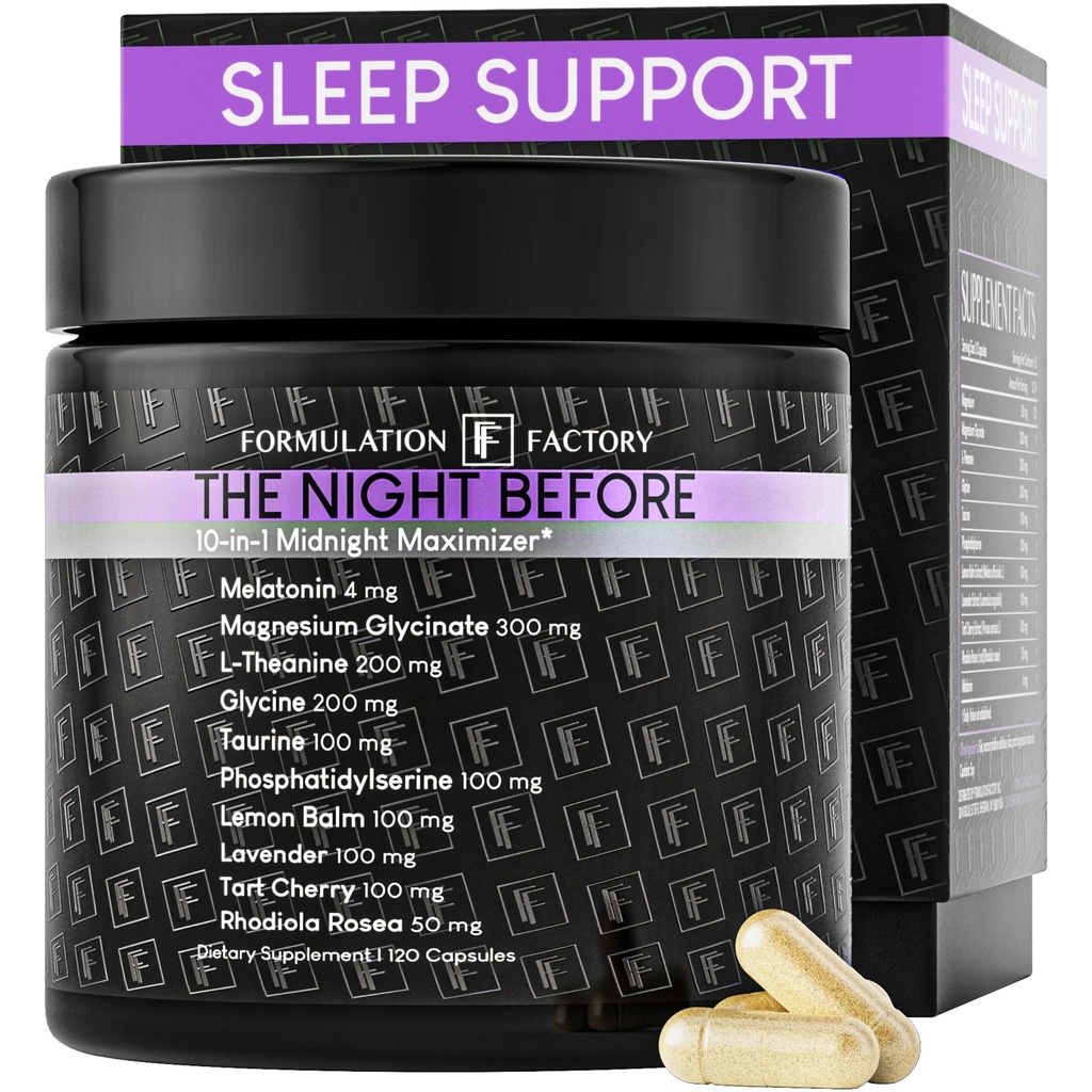 Natten før 10- in-1 Midnight Maximizer Sleep Aid, Stress Relief, Cognition, Afslapning, Inddrivelse, Focus, Magnesium Glycinate, L- Theanine & mere, (120 Kapsler - 2 Måned Supply)
