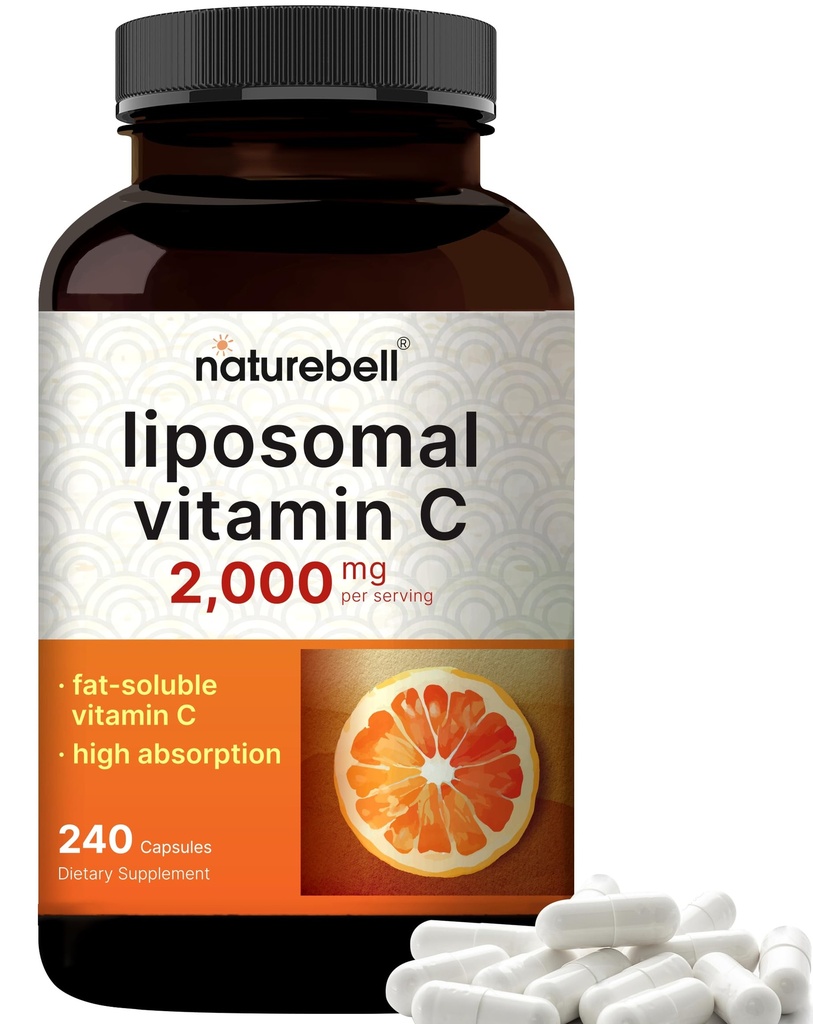 NatureBell Liposomal Vitamin C 2.000mg per servering, 240 Kapsler; Høj Absorption Fat- Opløselige Vitaminer - Collagen Booster - Non- GMO