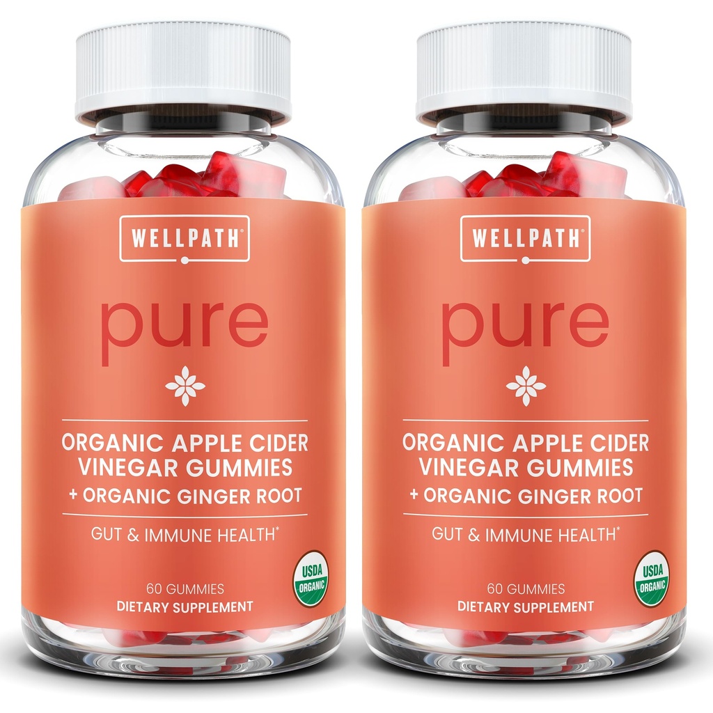 WellPath Pure ACV Gummies (2 Pack) - Apple Cider Vincipes med mor - USDA Organic Gummy med ingefær til Gut Health