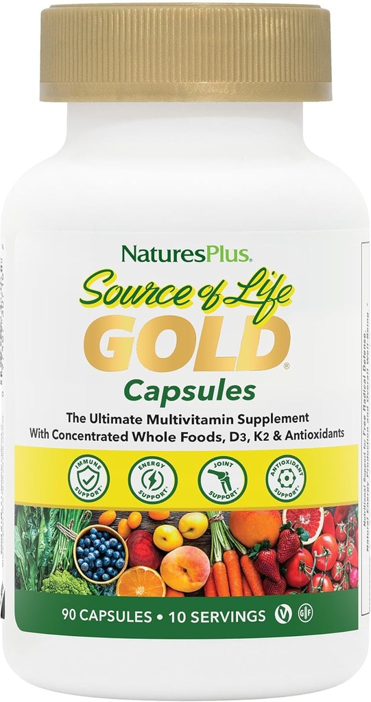 NaturesPlus Kilde til liv Gold Multivitamin - 90 vegetariske kapsler - med vitaminer D3, B12, K2 & mere end 120 hele fødevarer - blod, ben og immunforsvar - Gluten Free - 10 Serveringer