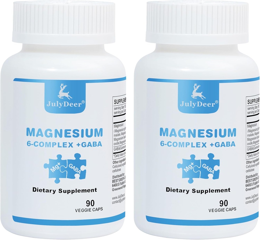 2 flasker Sixfold Magnesium Complex; 350mg Magnesium Glycinat, Malat, Citrat, Taurine, Oxide, L- threonat for Muskler, Nerves, & Energy, GABA Sleep Support; High Absorption; 124; Vegan Budding 124; 90 Kapsler